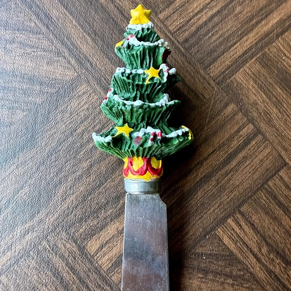 Vintage Christmas Tree Cheese Spreader Holiday Resin Handle Stainless Steel